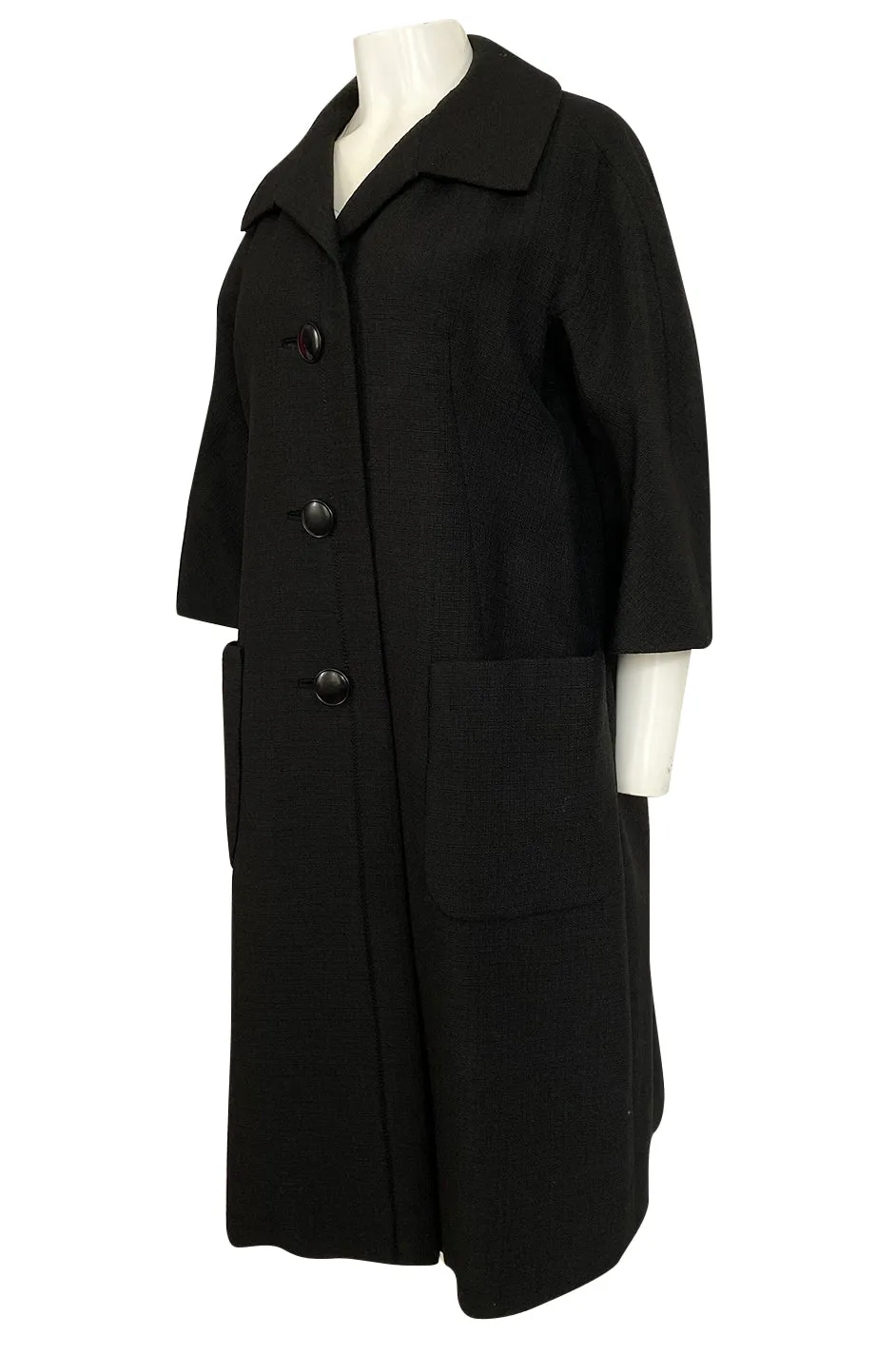 1950s Christian Dior Demi-Couture Simply Cut Black Textured Silk Coat