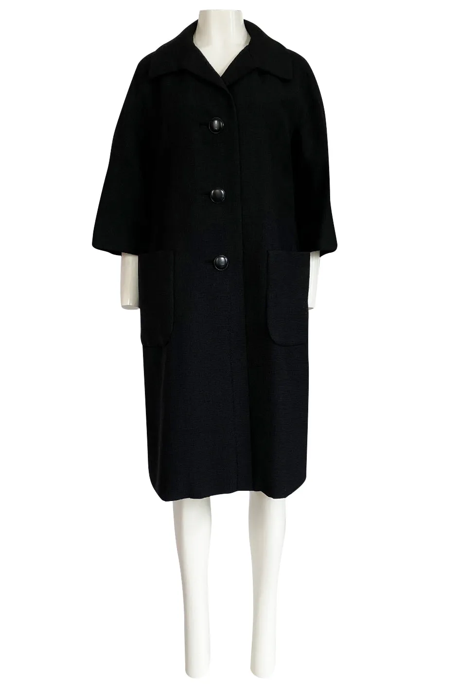 1950s Christian Dior Demi-Couture Simply Cut Black Textured Silk Coat