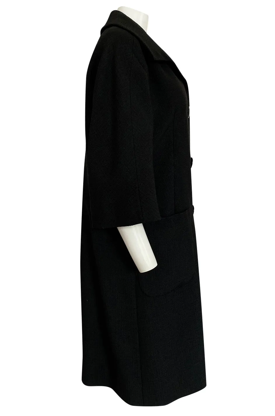 1950s Christian Dior Demi-Couture Simply Cut Black Textured Silk Coat