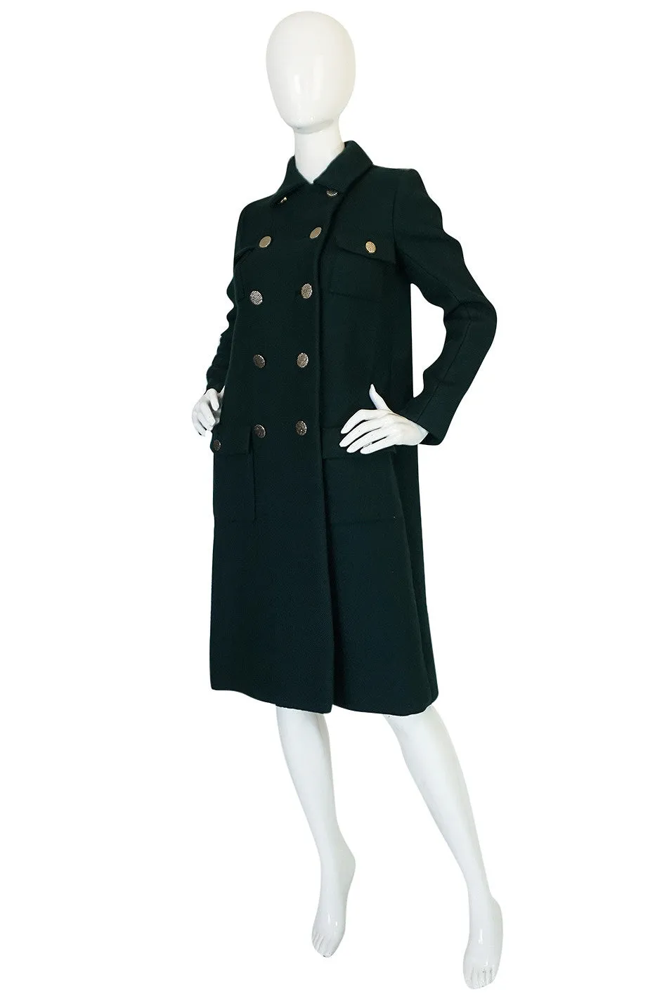 1960s Norell Green Wool With Silver Buttons Military Coat