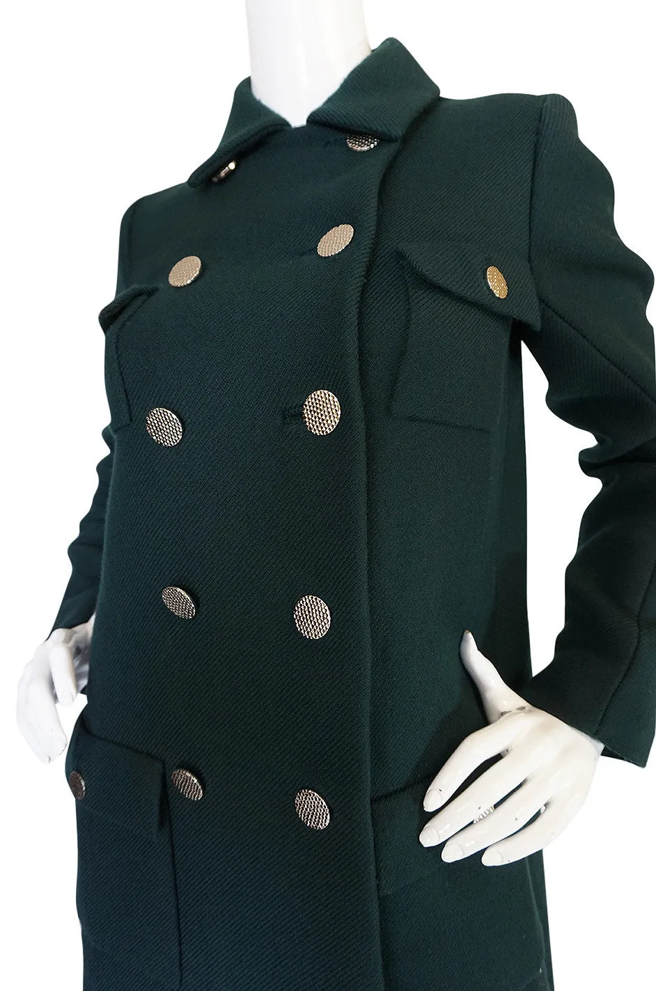 1960s Norell Green Wool With Silver Buttons Military Coat