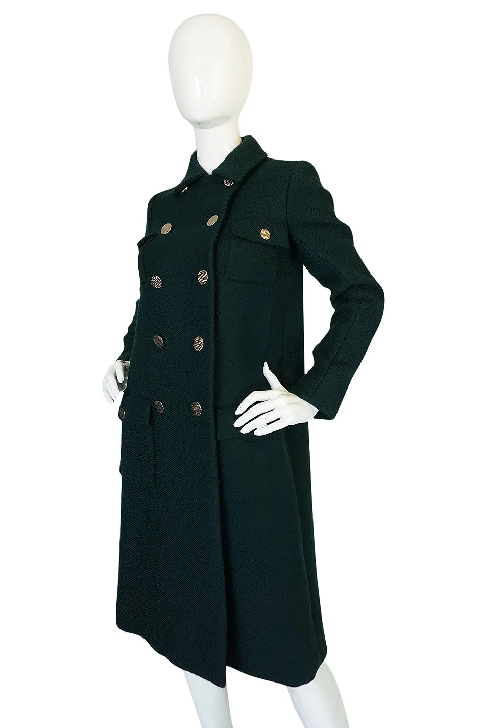 1960s Norell Green Wool With Silver Buttons Military Coat