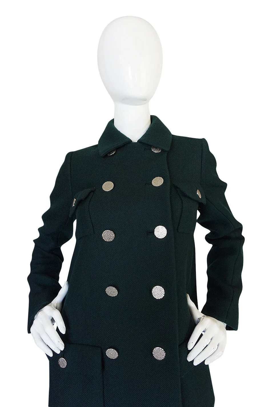 1960s Norell Green Wool With Silver Buttons Military Coat