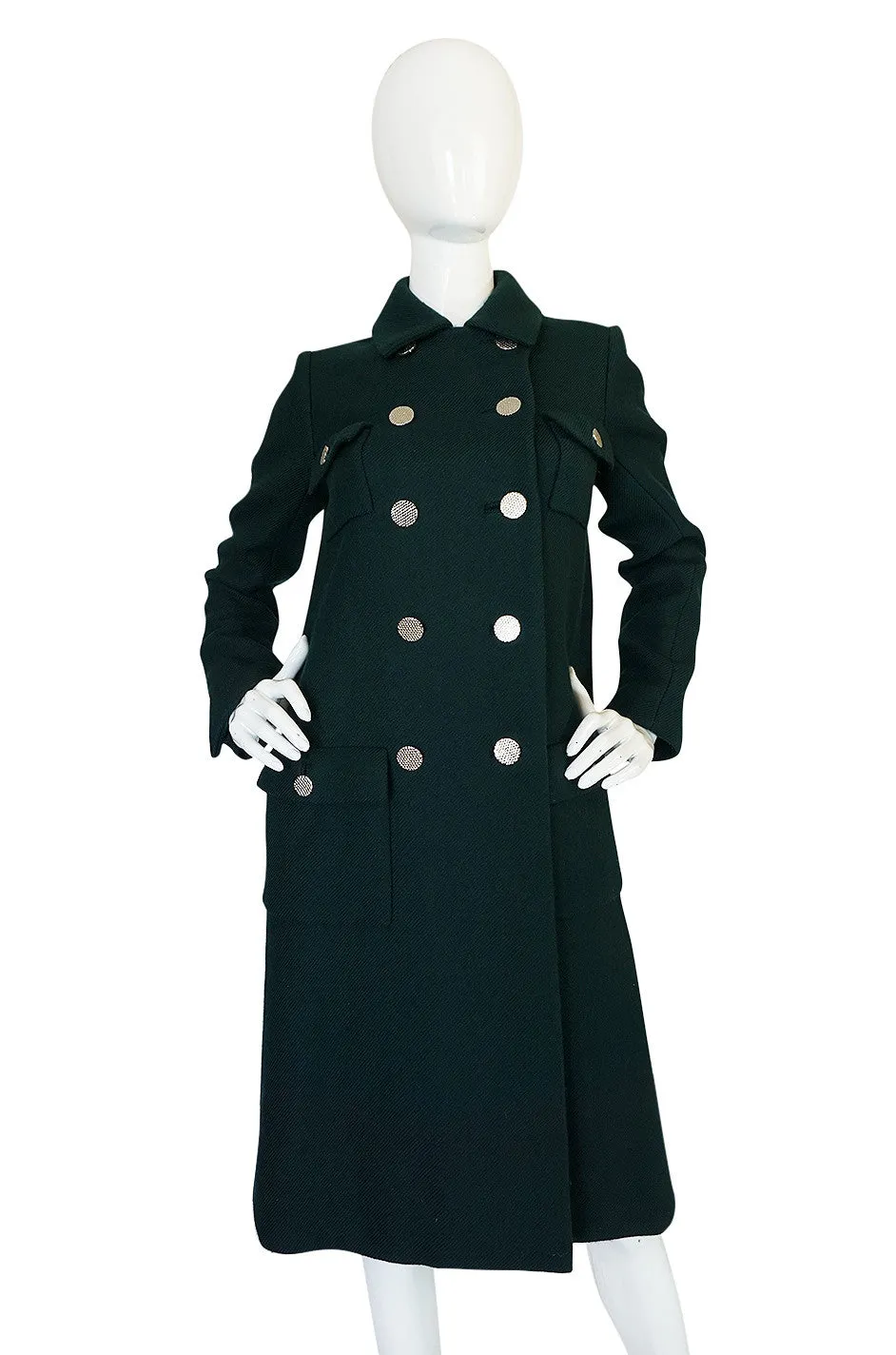 1960s Norell Green Wool With Silver Buttons Military Coat