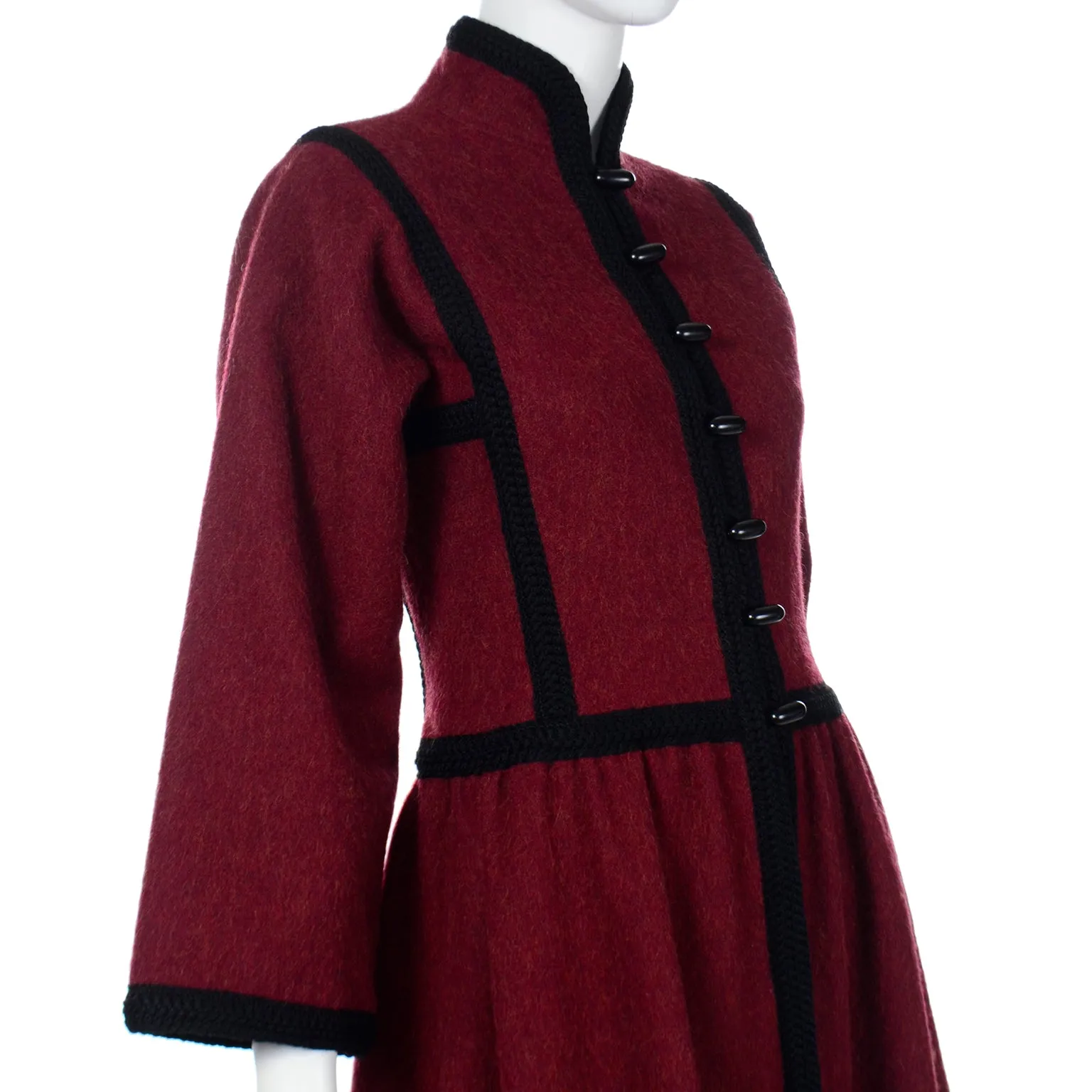 1976 Yves Saint Laurent Russian Burgundy Cossack Wool Coat w/ Black Braided Trim