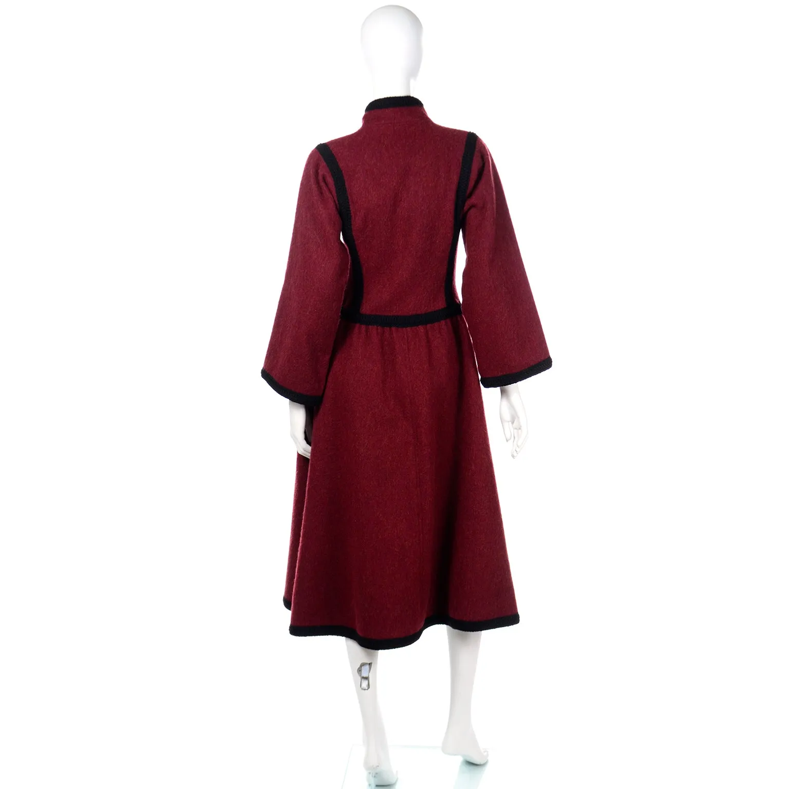 1976 Yves Saint Laurent Russian Burgundy Cossack Wool Coat w/ Black Braided Trim