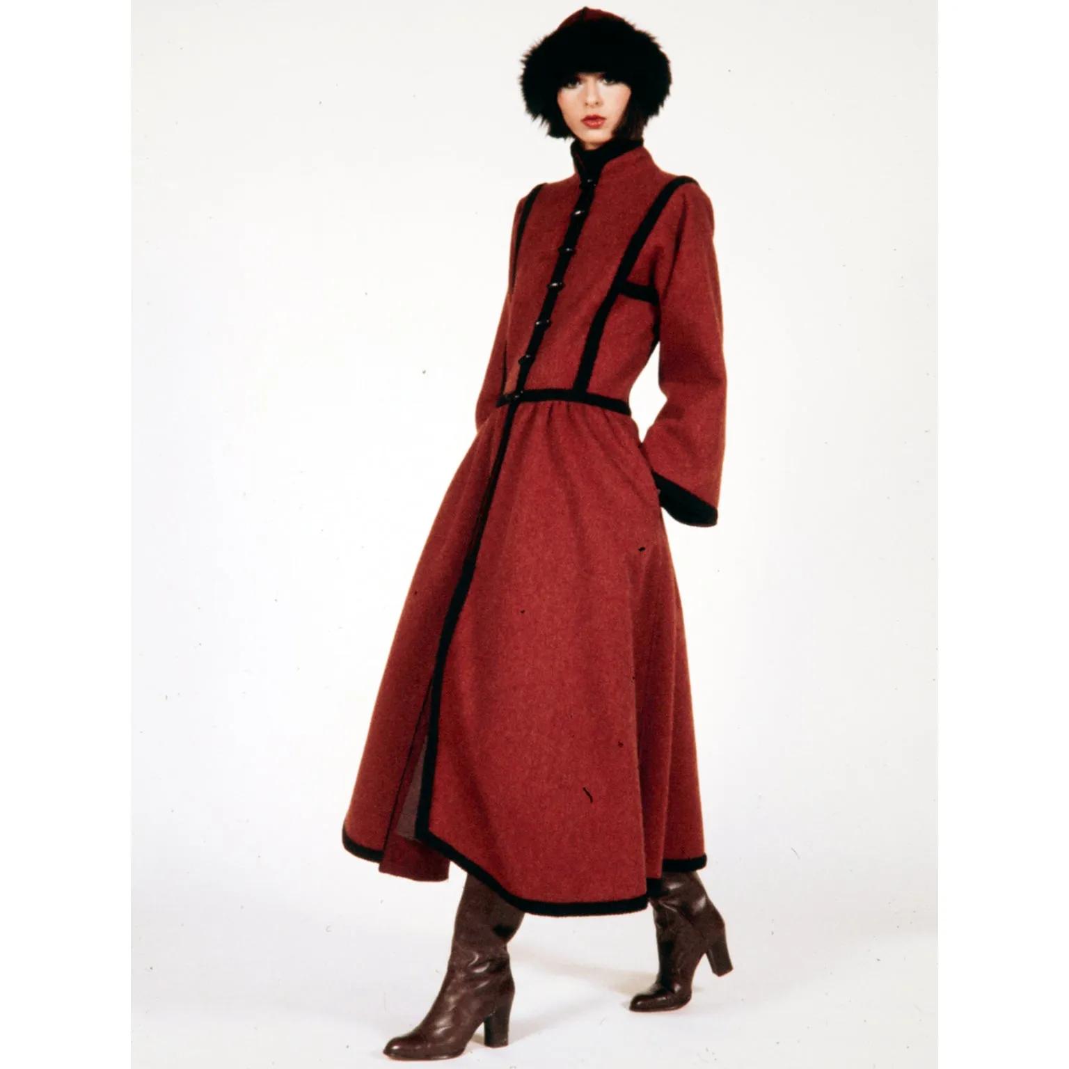 1976 Yves Saint Laurent Russian Burgundy Cossack Wool Coat w/ Black Braided Trim