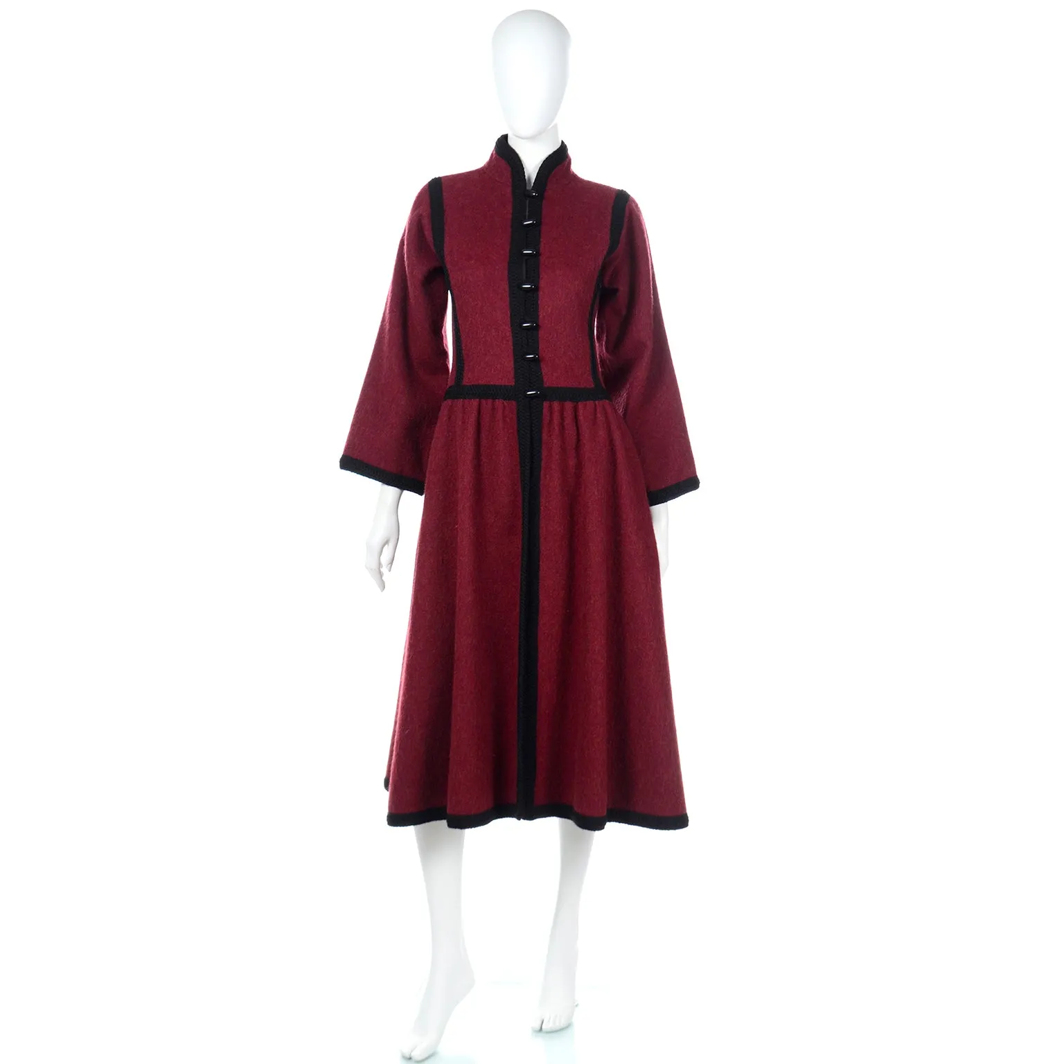 1976 Yves Saint Laurent Russian Burgundy Cossack Wool Coat w/ Black Braided Trim