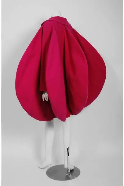 1987 Pierre Cardin Haute-Couture Magenta Pink Wool Avant Garde Fin-Back Coat