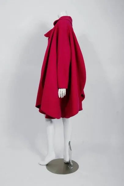 1987 Pierre Cardin Haute-Couture Magenta Pink Wool Avant Garde Fin-Back Coat