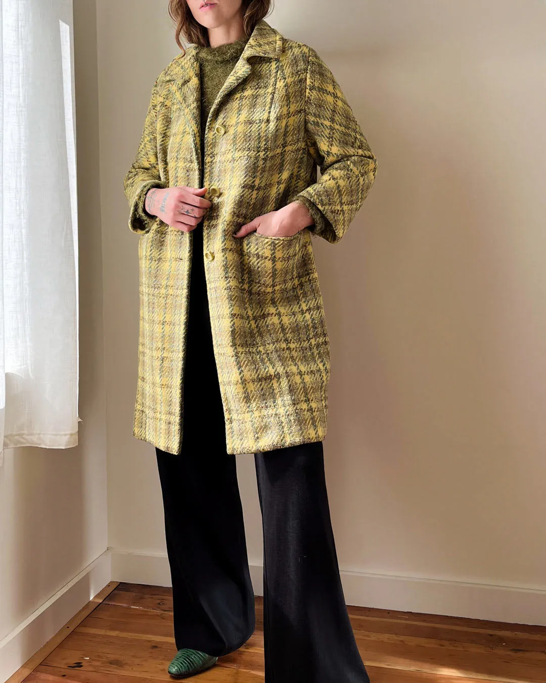 60s Yellow Tweed Wool Coat | S-M