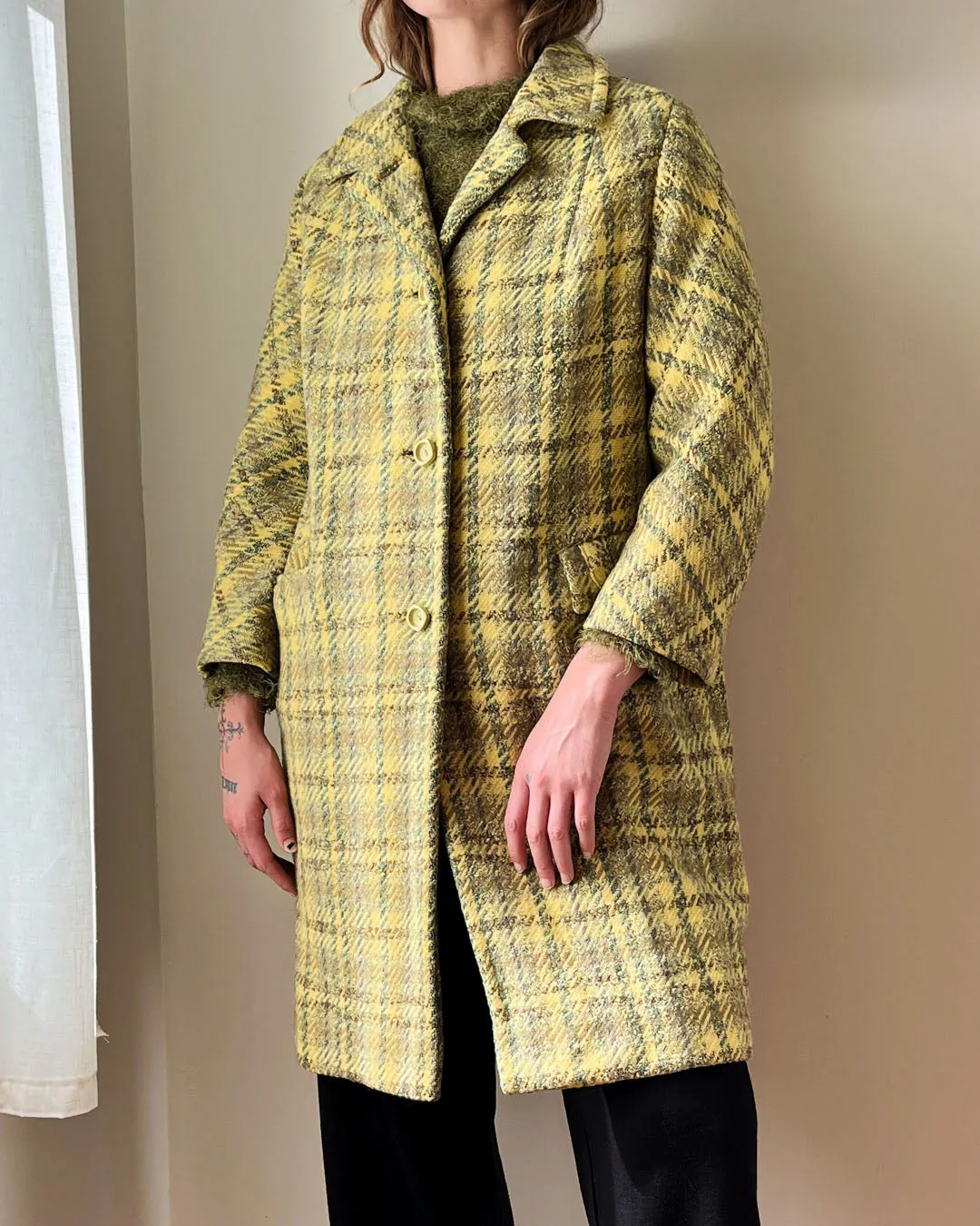 60s Yellow Tweed Wool Coat | S-M