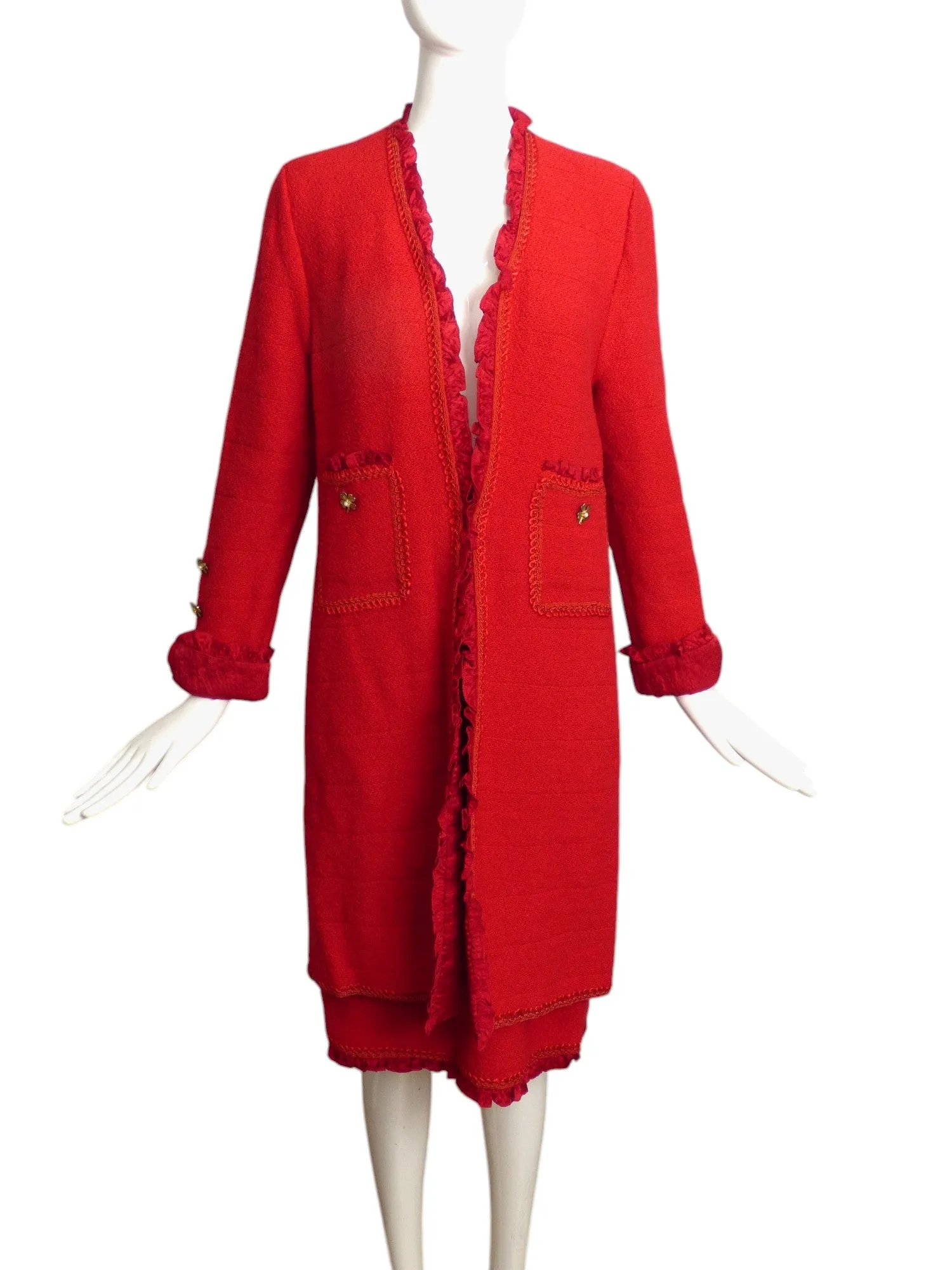 ADOLFO- 1970s Red Wool Tweed & Satin Skirt Suit, Size 8