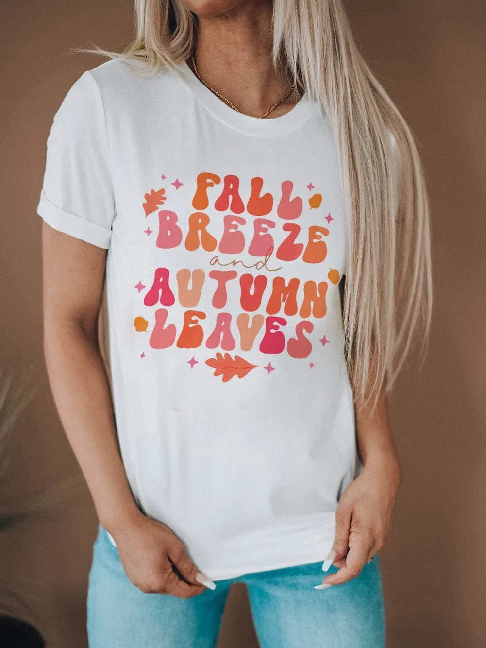 Autumn Leaf Print White Tee for Women