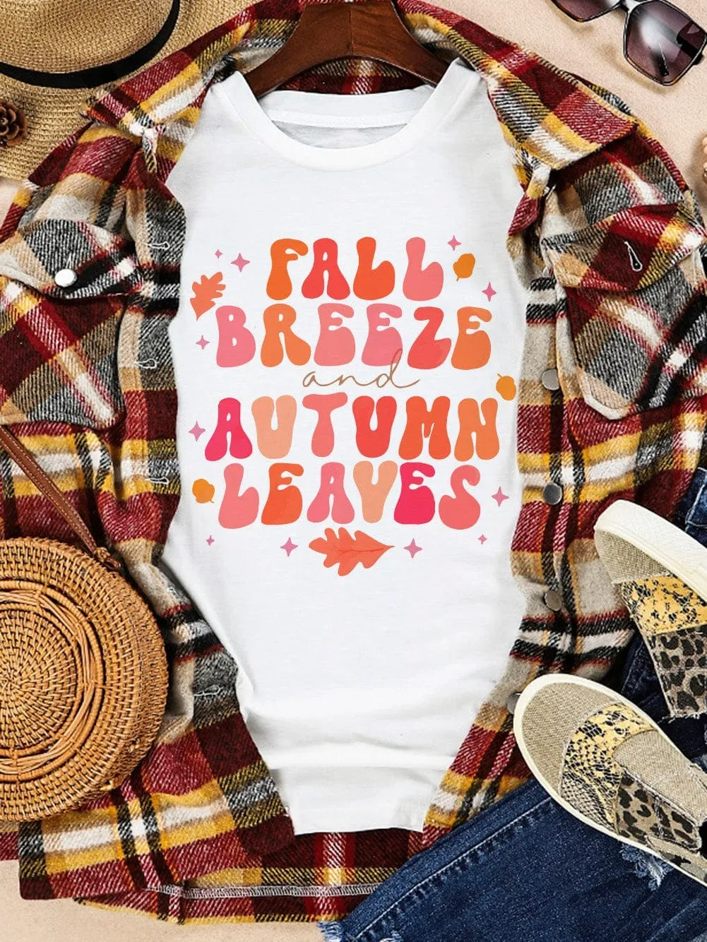 Autumn Leaf Print White Tee for Women