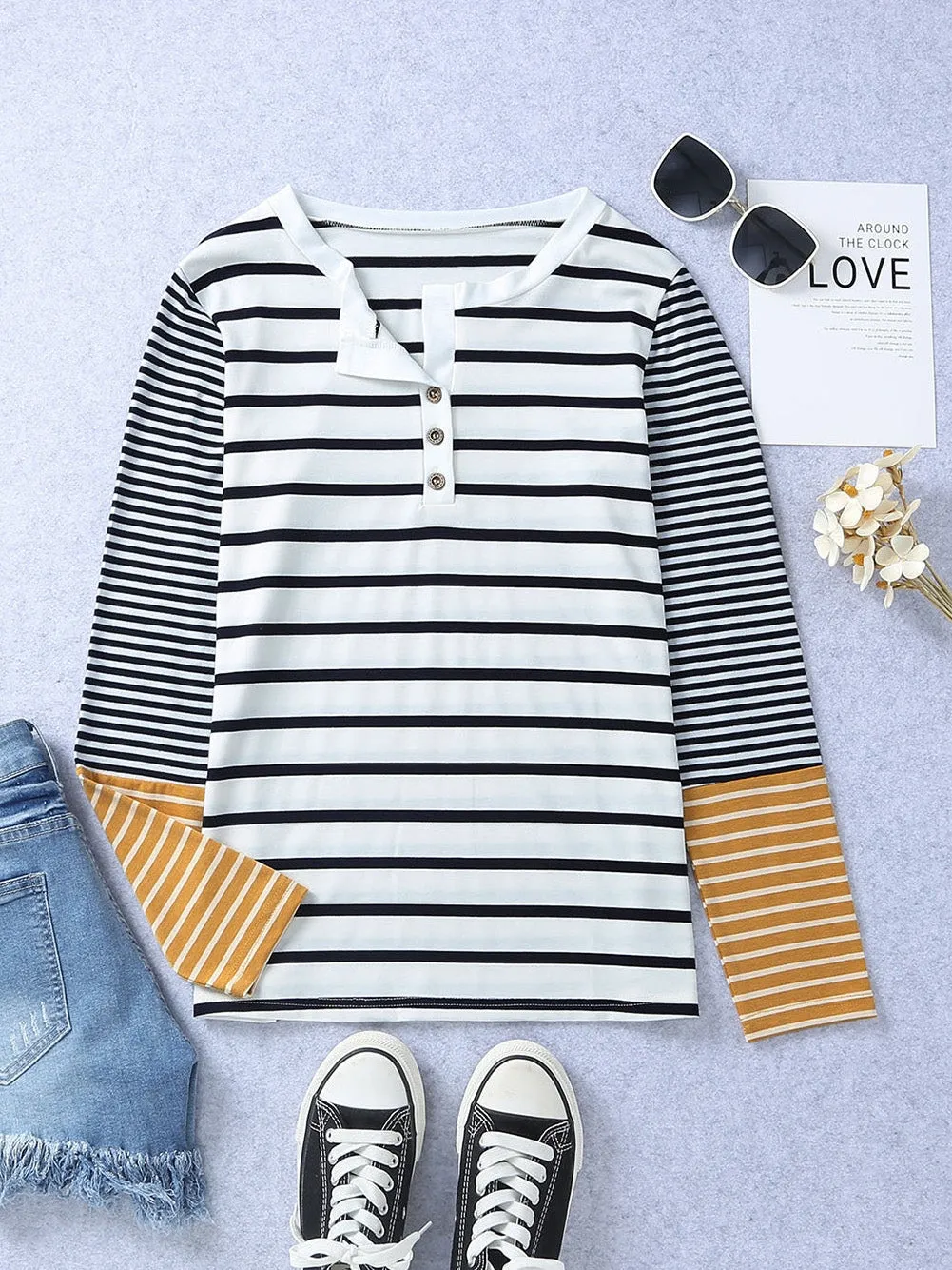 Autumn Striped Henley Top with Button Detail