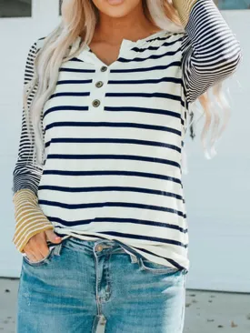 Autumn Striped Henley Top with Button Detail