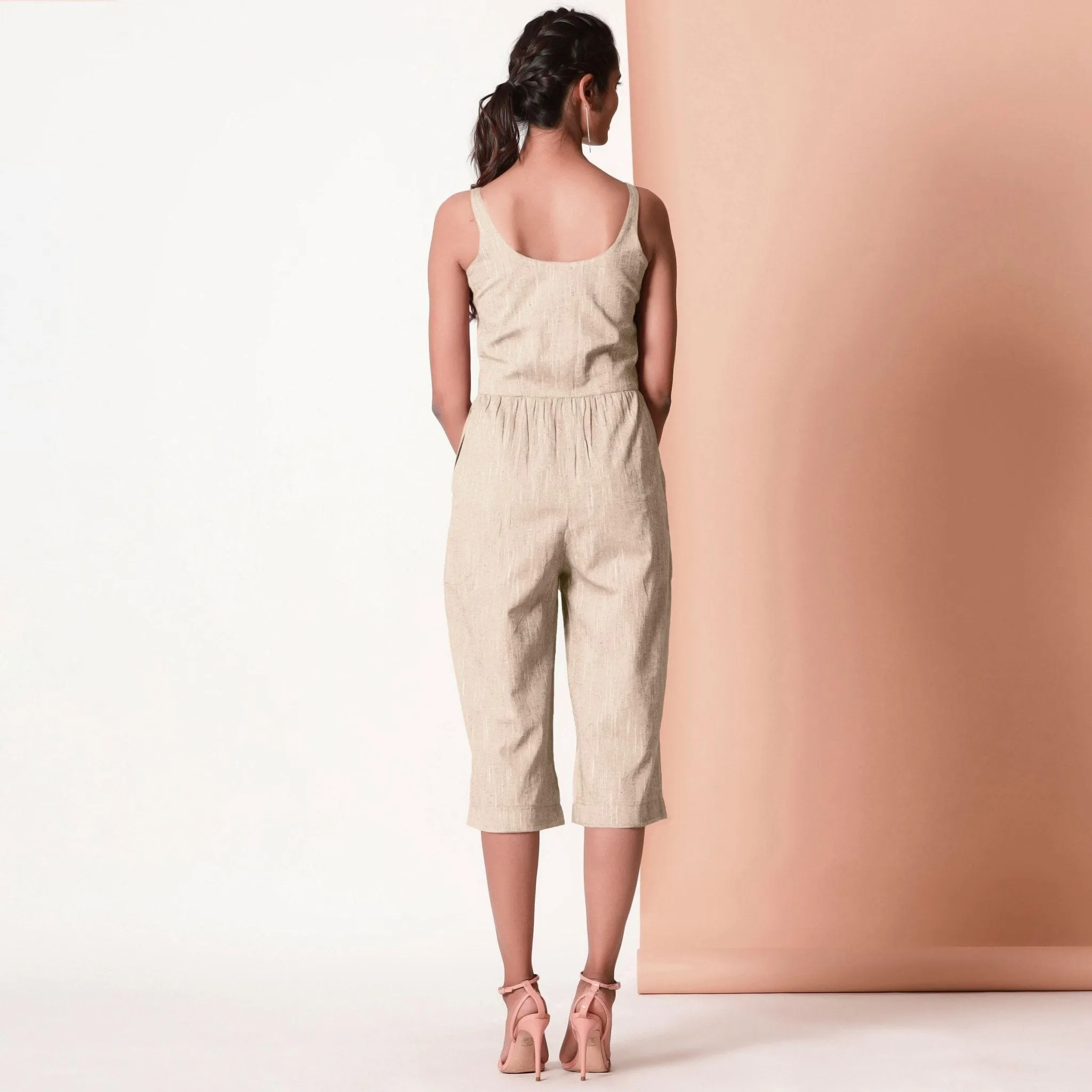 Beige Cotton Sleeveless Button-Down Jumpsuit