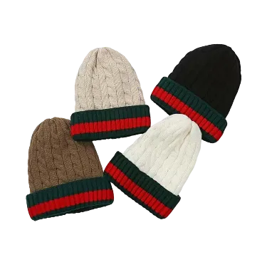 Beige Men's Winter knitted hat with green and red Striped Wool Beanie