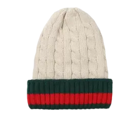 Beige Men's Winter knitted hat with green and red Striped Wool Beanie