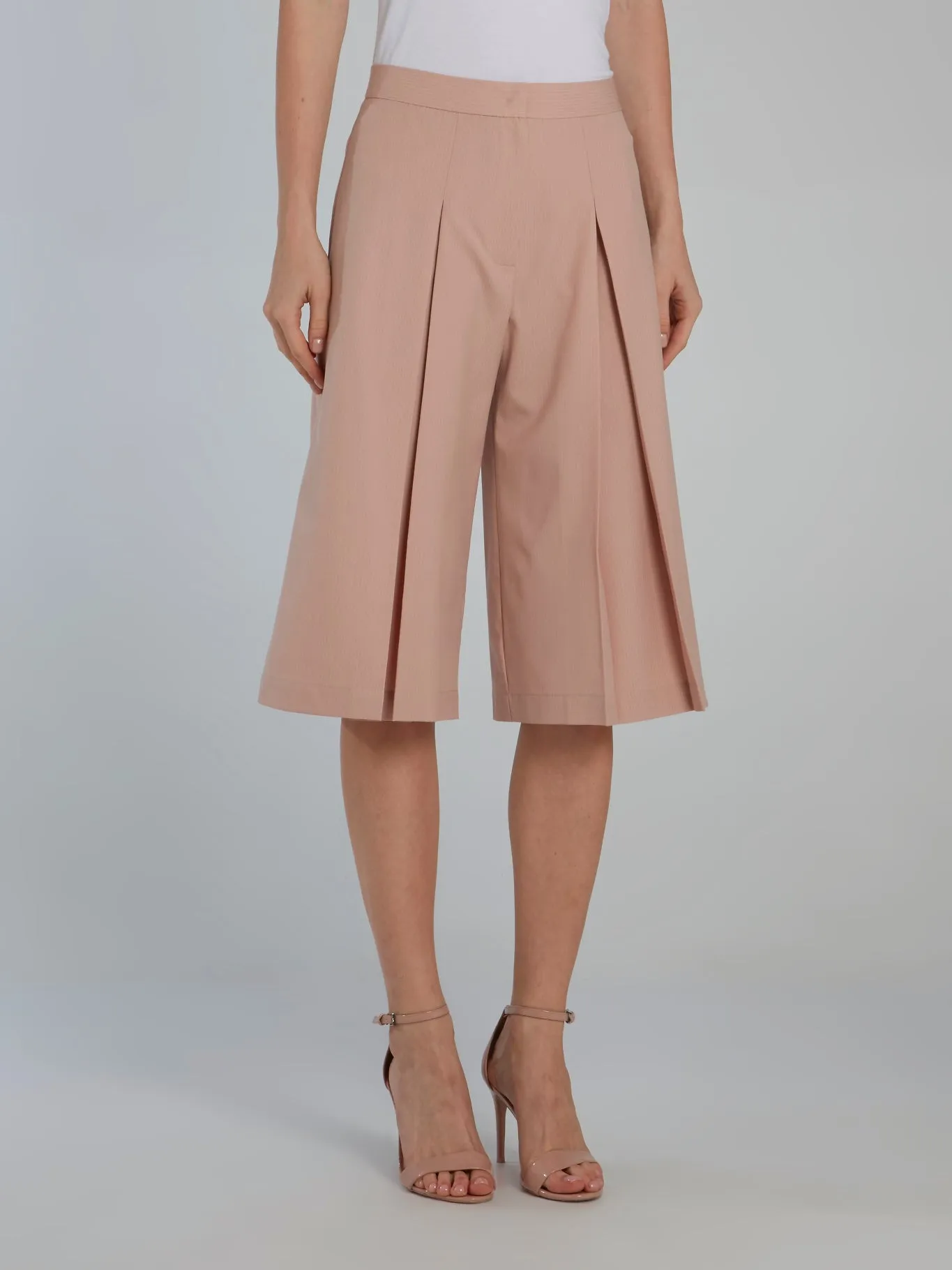 Beige Pleated Pinstripe Culottes