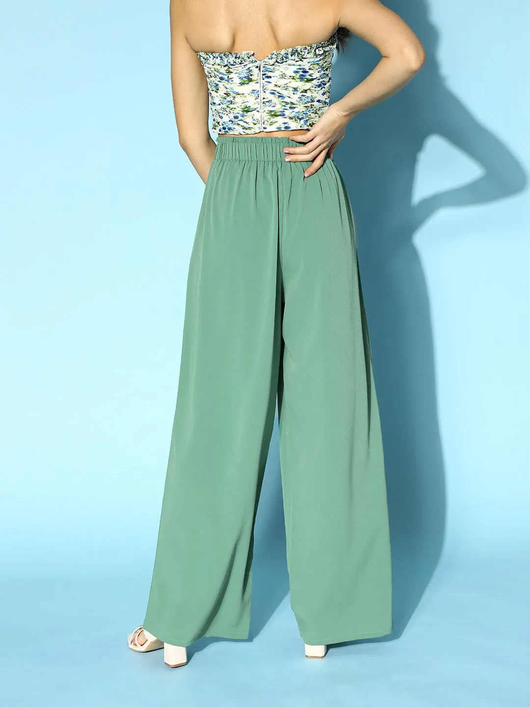 Berrylush Women Solid Green Flare Fit High-Rise Waist Plain Trousers