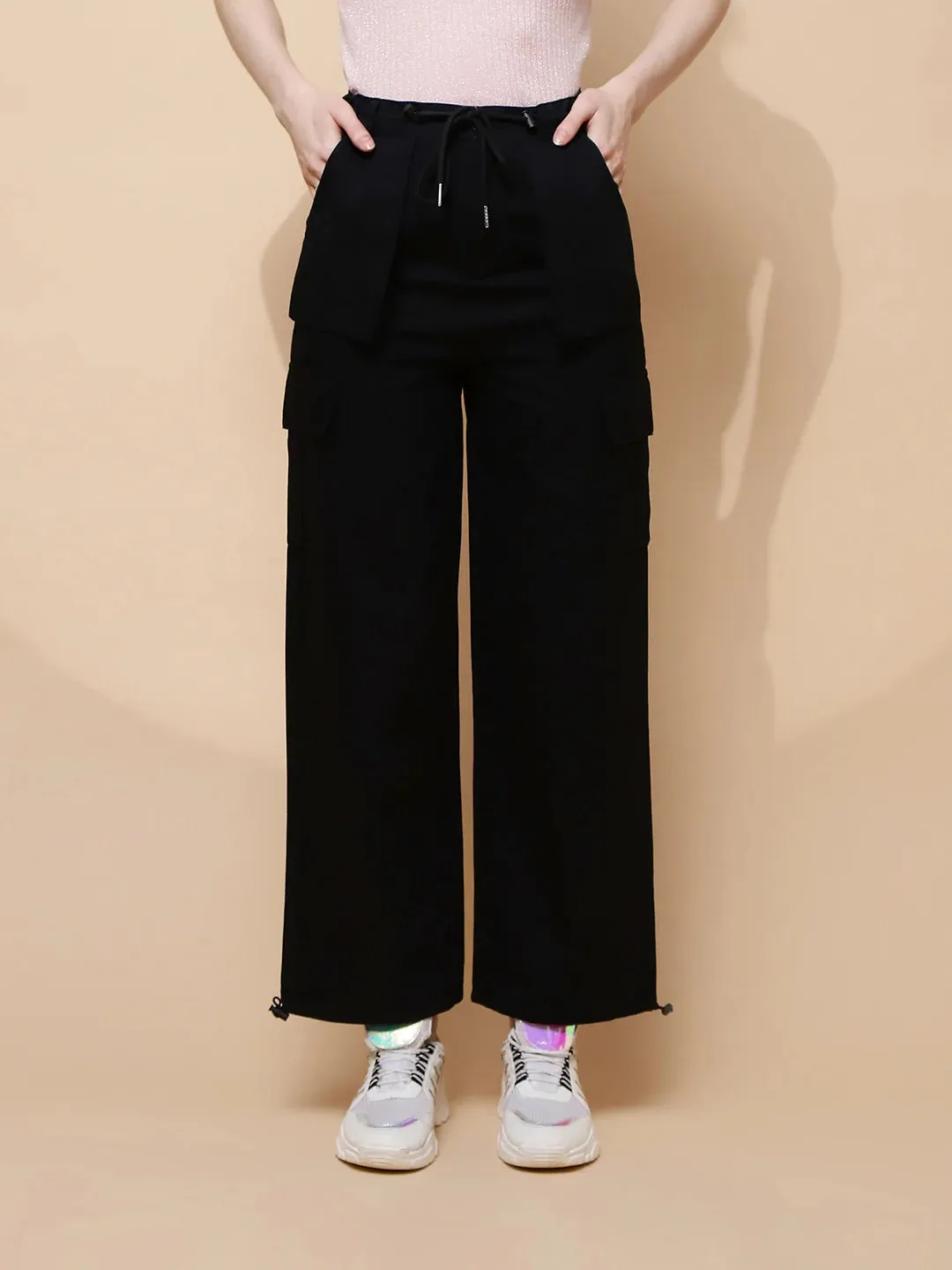 Black Cotton Relaxed Fit Cargo For Women