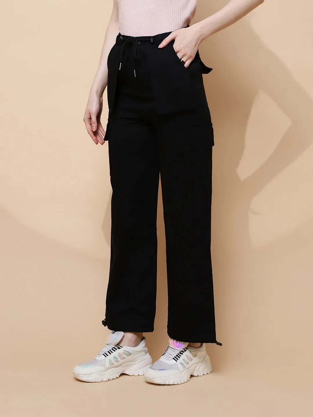 Black Cotton Relaxed Fit Cargo For Women