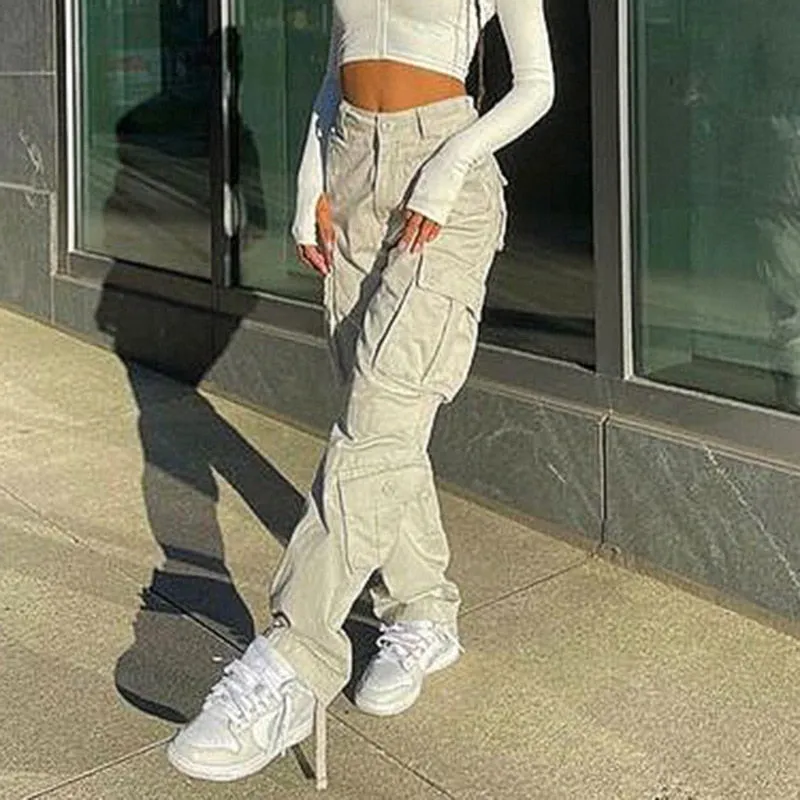 Bonnyshow Streetwear Beige White Cargo Pants Women Y2K High Waist Pocket Wide Leg Trousers Loose Straight Pants Vintage Casual Jeans