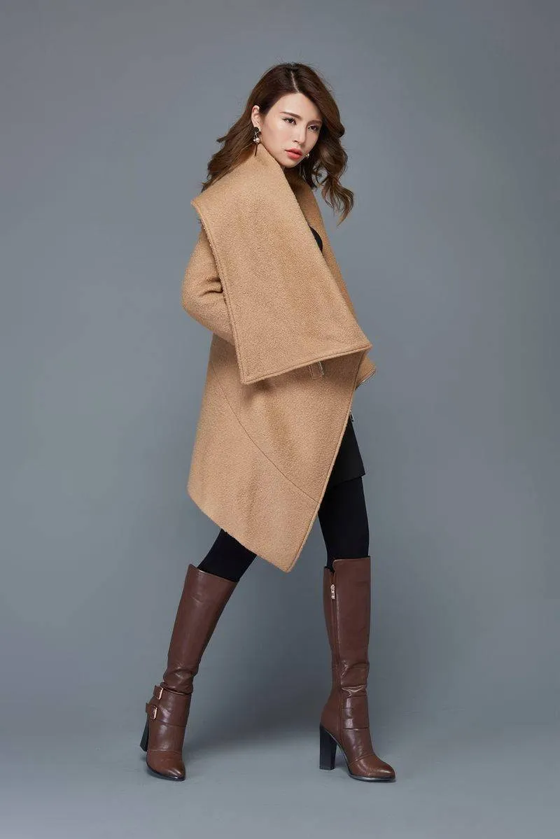 Brown Asymmetrical winter wool coat women C959