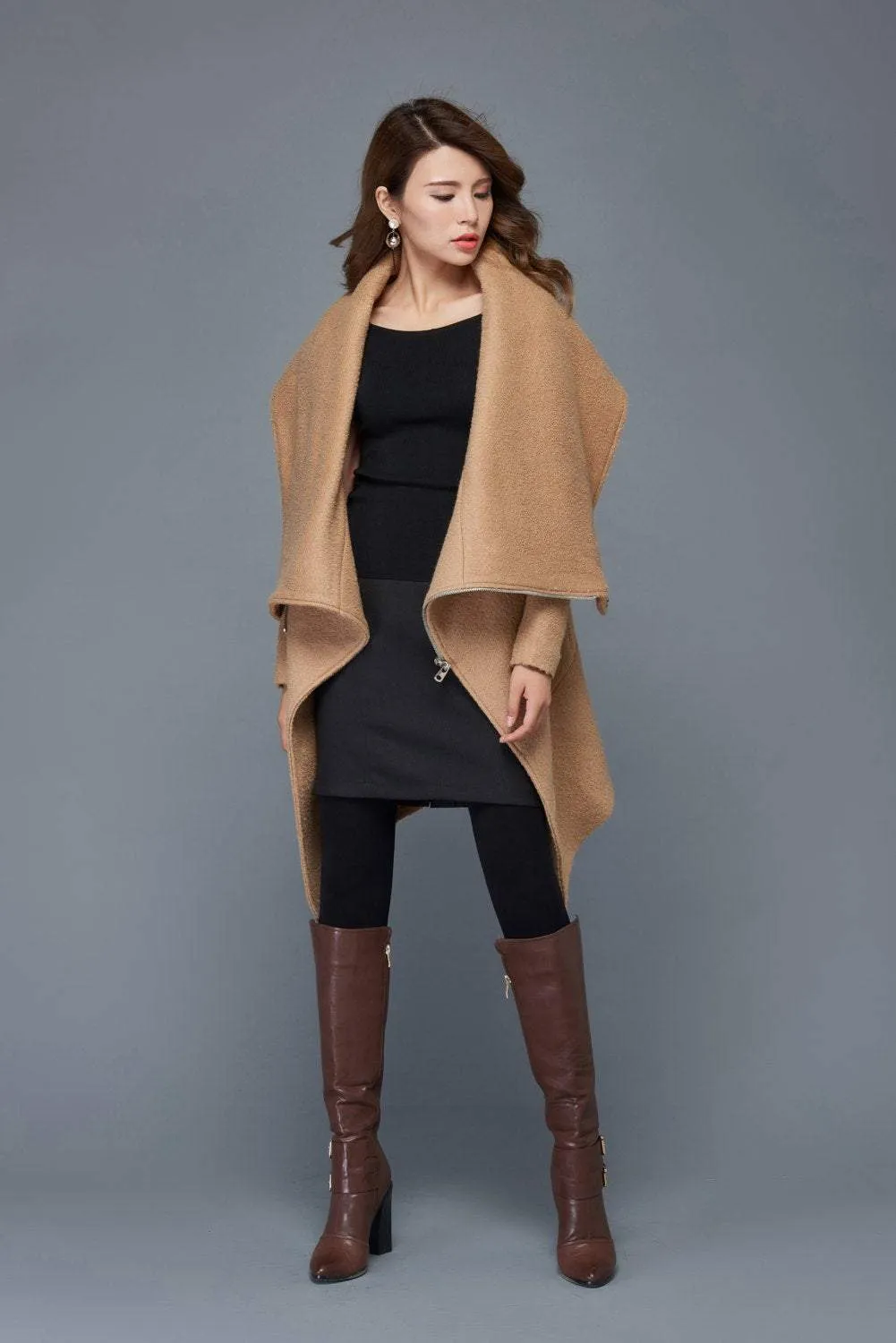 Brown Asymmetrical winter wool coat women C959