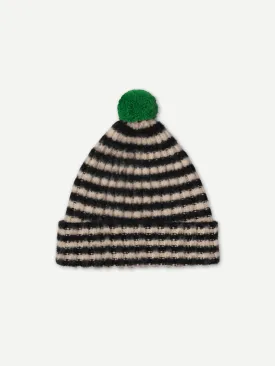 BRUSHED NARROW STRIPE HAT WITH CONTRAST POMPOM BLACK & OATMEAL