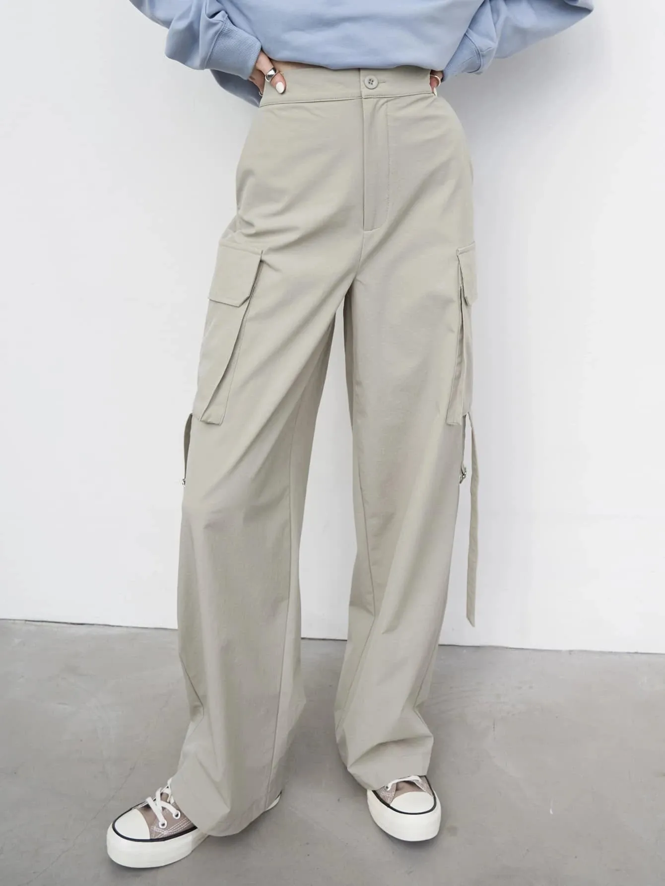 Casual High Waist Flap Pocket Side Cargo Pants