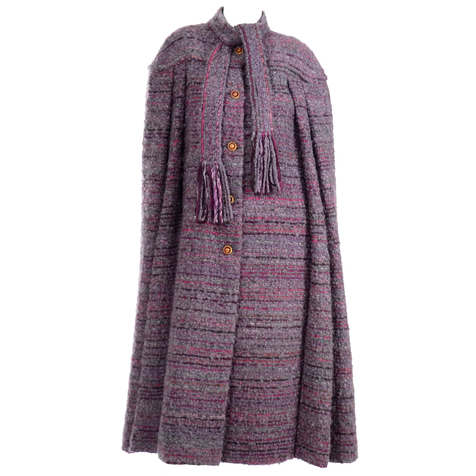 Chanel Haute Couture Vintage Purple Wool Boucle Cape w Lion Buttons