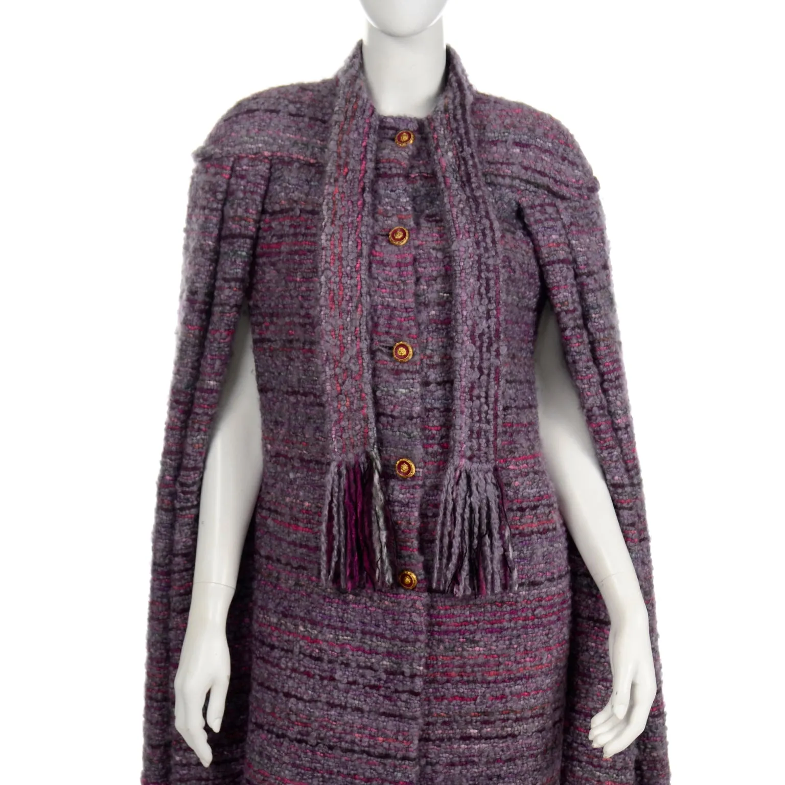 Chanel Haute Couture Vintage Purple Wool Boucle Cape w Lion Buttons