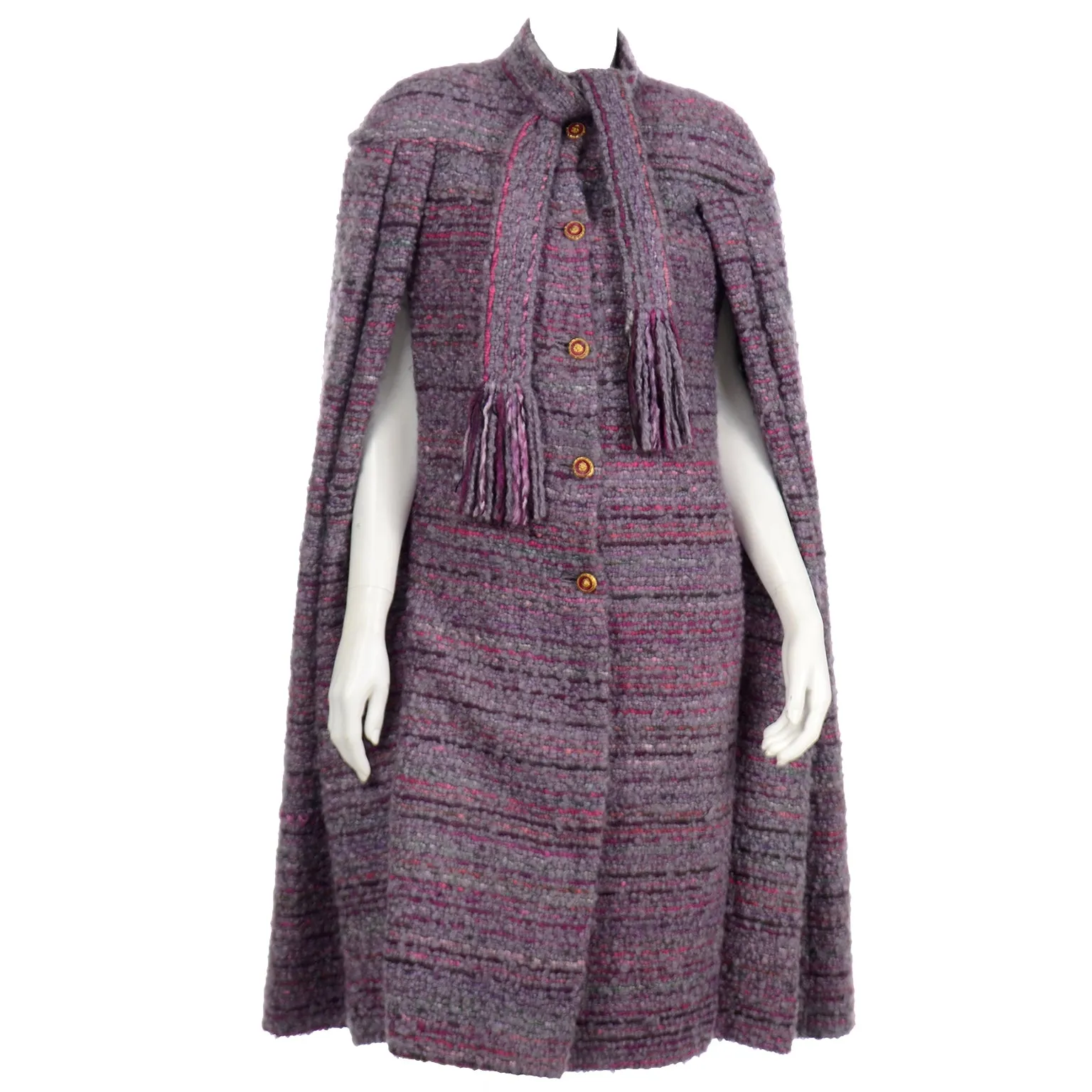 Chanel Haute Couture Vintage Purple Wool Boucle Cape w Lion Buttons