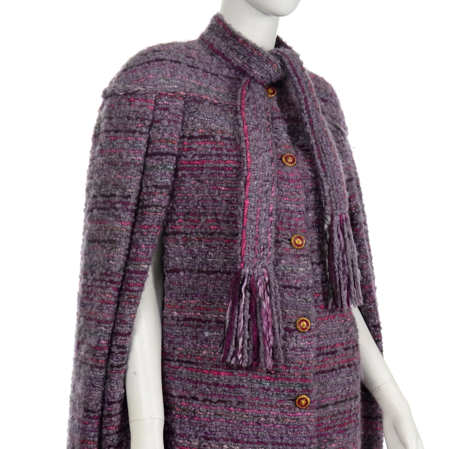 Chanel Haute Couture Vintage Purple Wool Boucle Cape w Lion Buttons