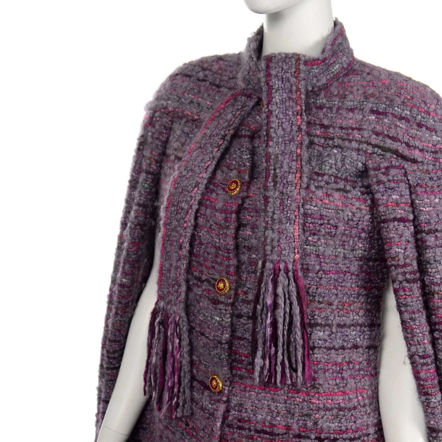 Chanel Haute Couture Vintage Purple Wool Boucle Cape w Lion Buttons