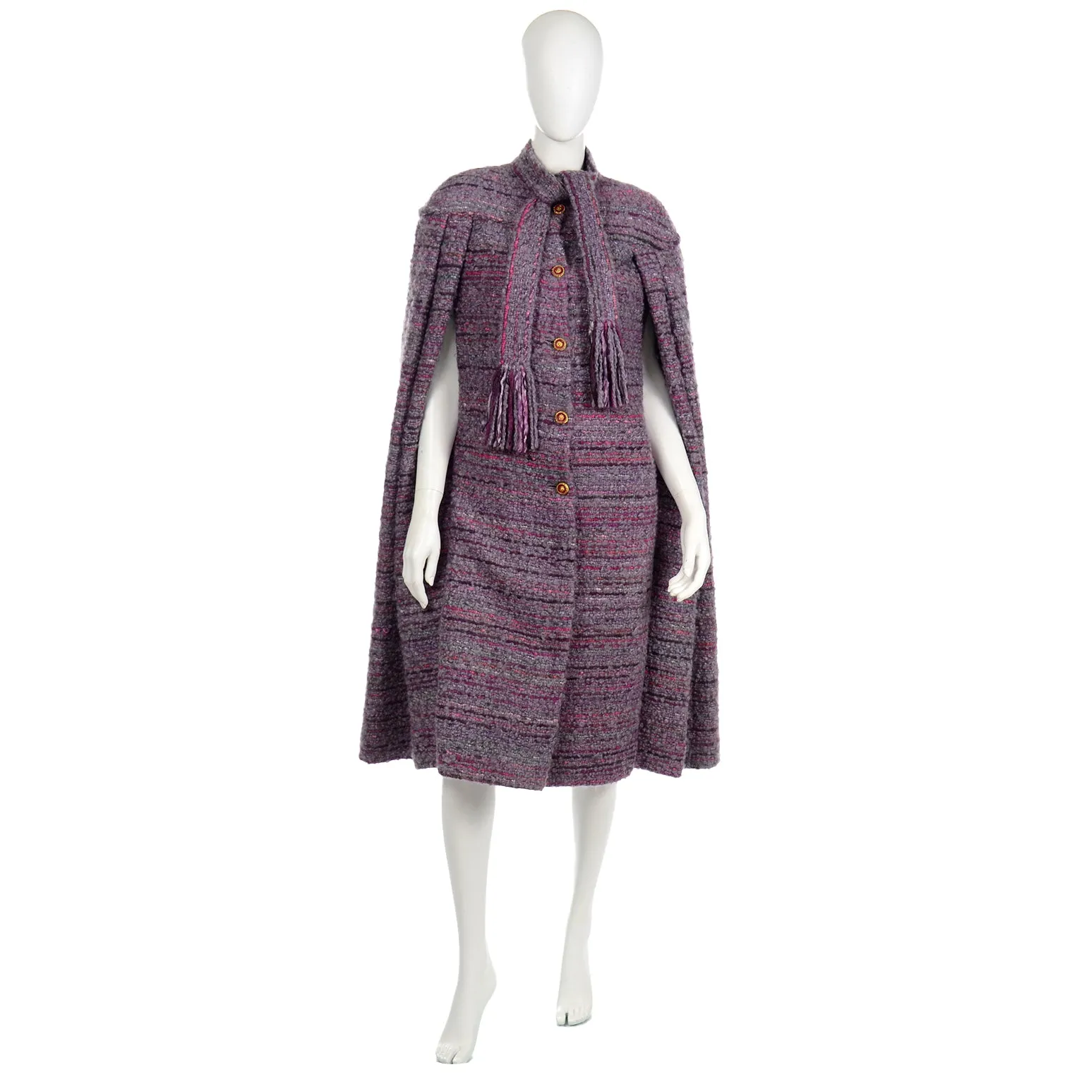 Chanel Haute Couture Vintage Purple Wool Boucle Cape w Lion Buttons