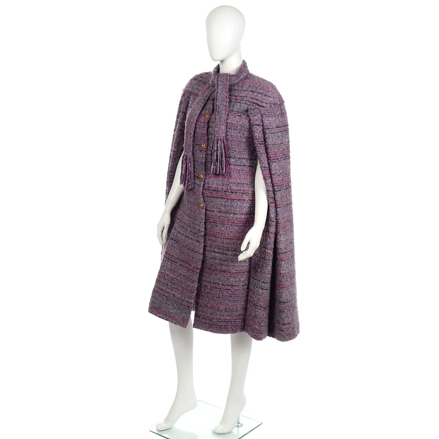 Chanel Haute Couture Vintage Purple Wool Boucle Cape w Lion Buttons