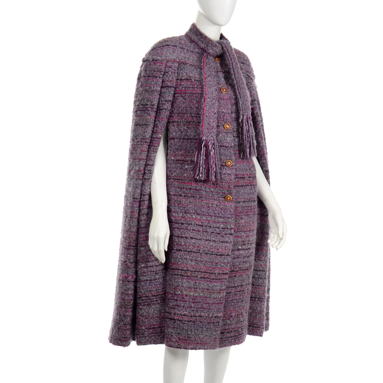 Chanel Haute Couture Vintage Purple Wool Boucle Cape w Lion Buttons