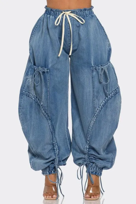 Chic Drawstring Denim Cargo Pants