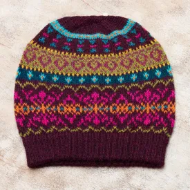 Colorful Carousel Multi-Color 100% Alpaca Knit Hat with Rows of Varying Motifs