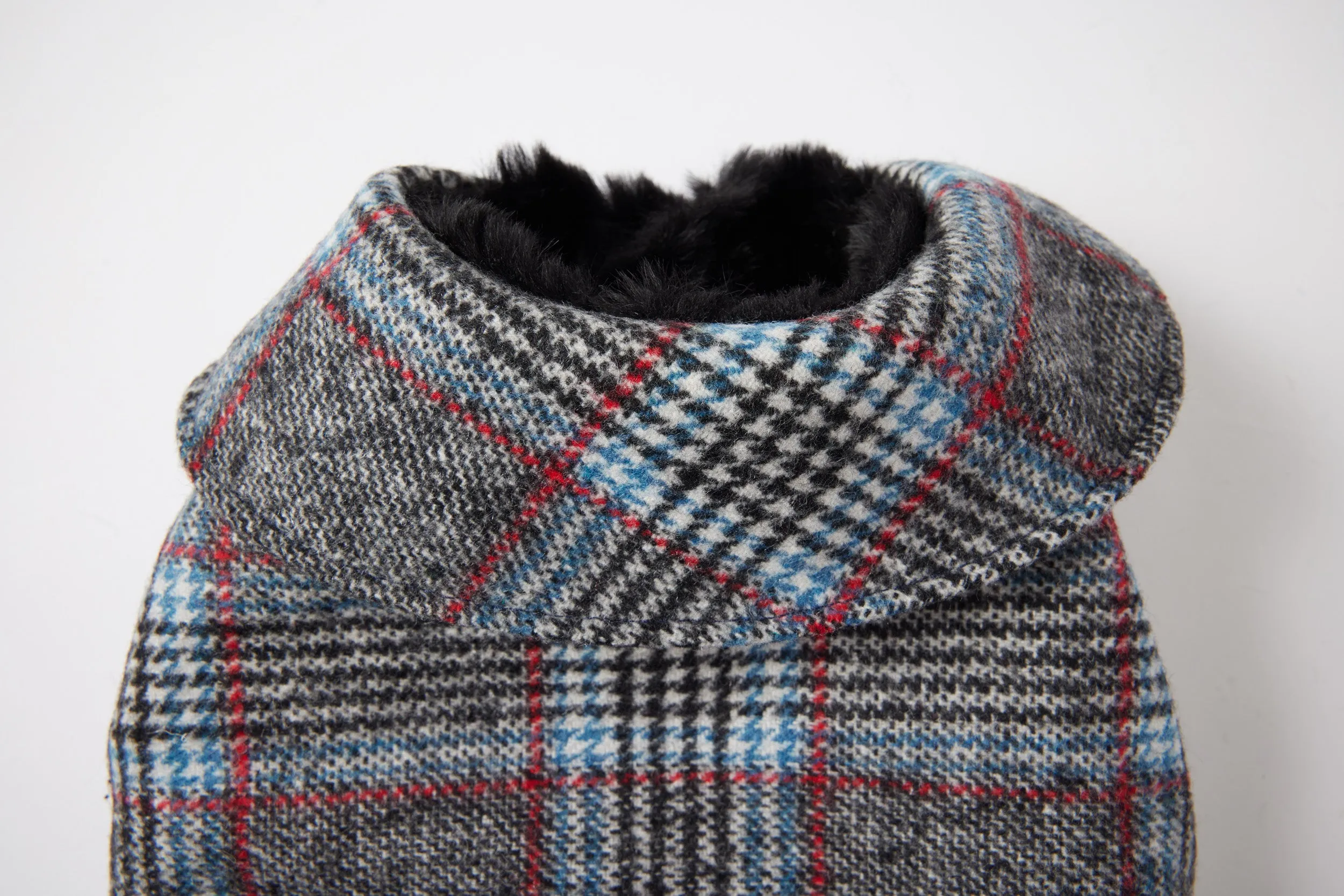 Couture Cashmere Coat w/ Faux Fur Lining - Gray & Blue Plaid