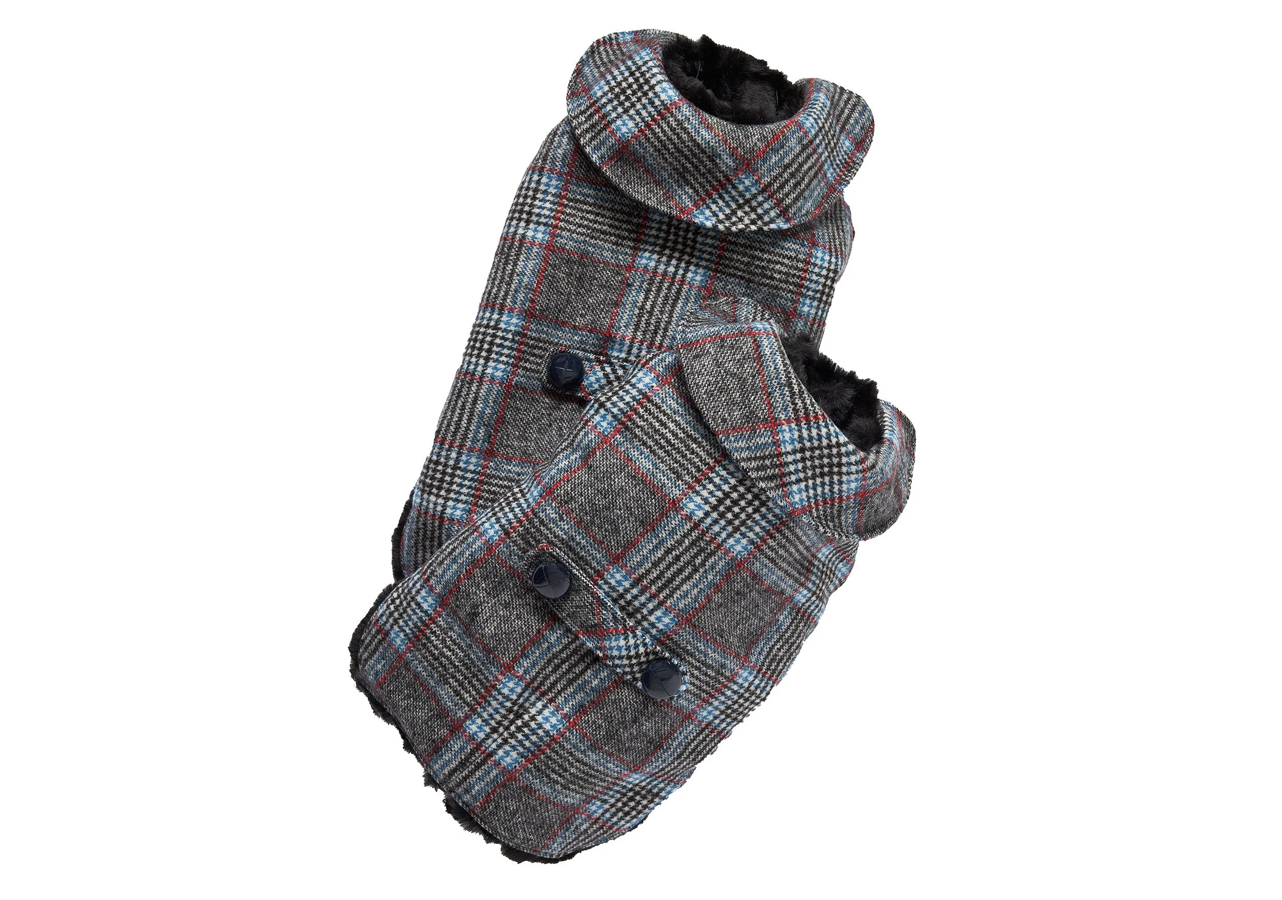 Couture Cashmere Coat w/ Faux Fur Lining - Gray & Blue Plaid