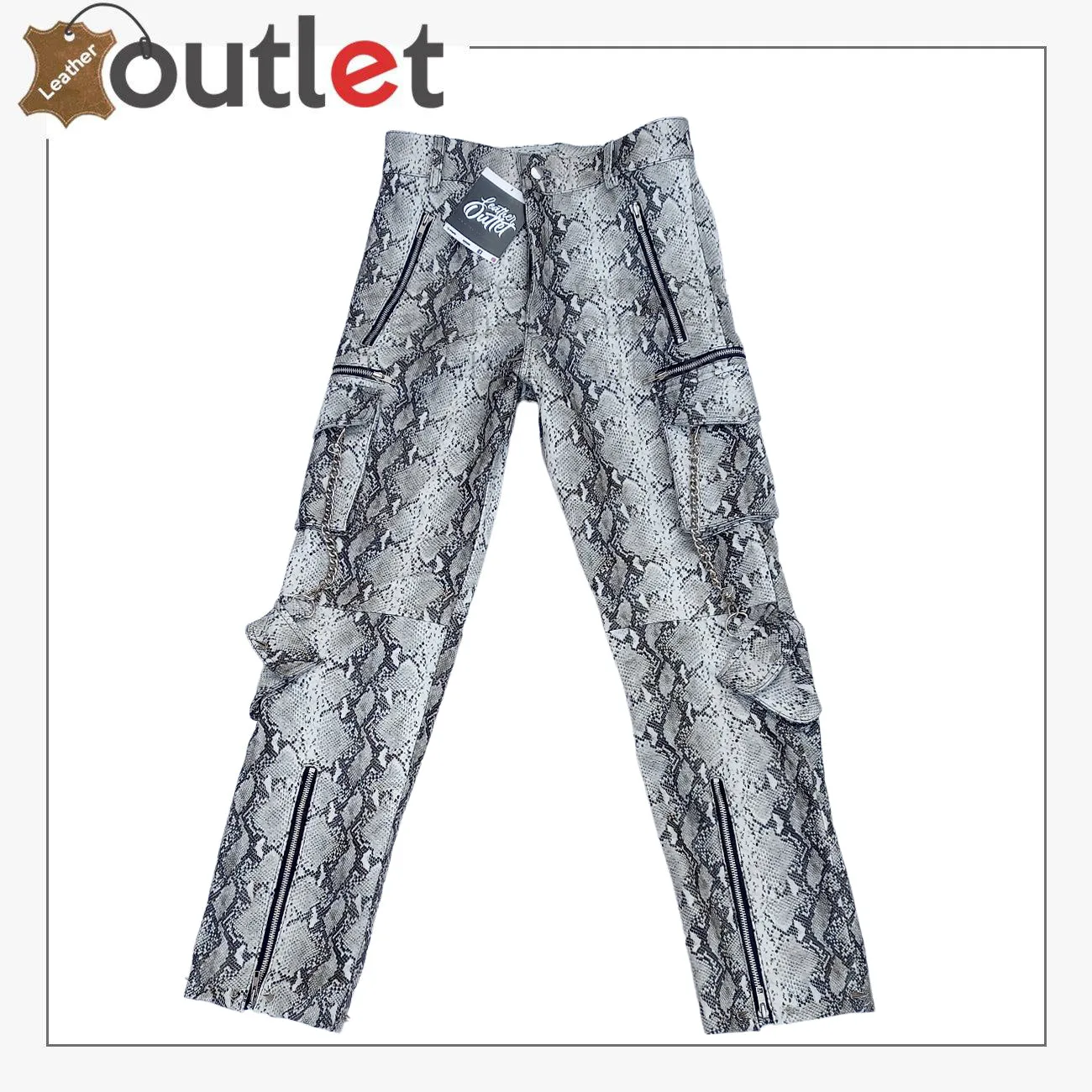 Crazy Black and white Real Cowhide snake print leather cargo spiked pants