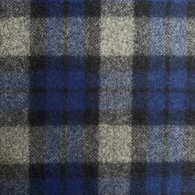 Deadstock Designer 100% Wool Check Fabric • Royal Blue & Grey • NEW