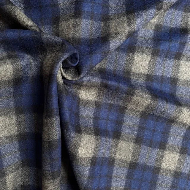 Deadstock Designer 100% Wool Check Fabric • Royal Blue & Grey • NEW