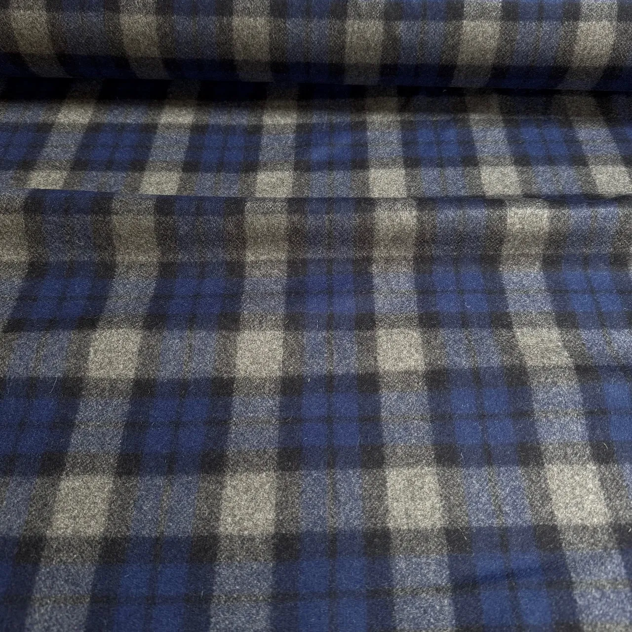 Deadstock Designer 100% Wool Check Fabric • Royal Blue & Grey • NEW