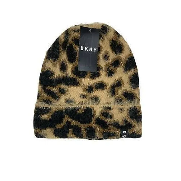 DKNY Fuzzy Animal Print Beanie Knit Hat Leopard Print